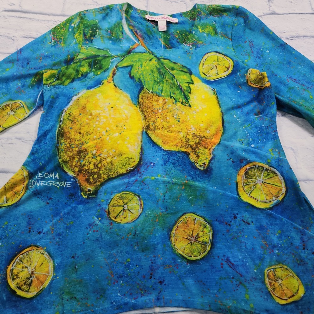 Leoma Lovegrove Shirt WOMENS M Lemon Blue Art Tunic 3/4 Sleeve Asymmetrical Top - Picture 2 of 13
